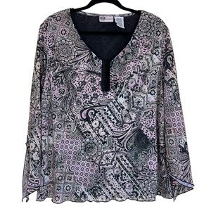 Faded Glory Vintage Y2K Geometric Print Bell Sleeve Mesh Fairy Top Plus 18-20